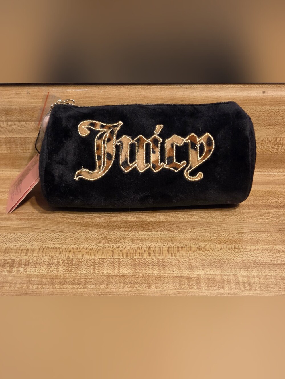 Juicy Couture NWT Black Barrel Cosmetic Bag W/ Leopard Writing